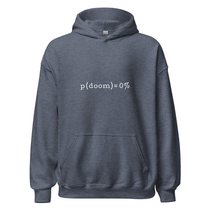 Product mockup photo of the p(doom) = 0% Hoodie (unisex) Heather Sport Dark Navy / M.