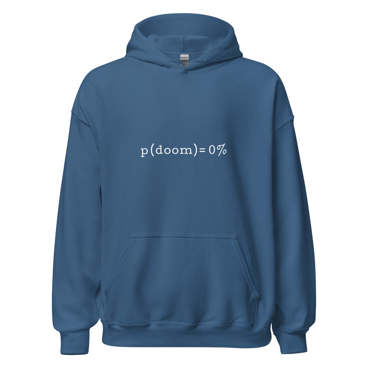 Product mockup photo of the p(doom) = 0% Hoodie (unisex) Indigo Blue / M.
