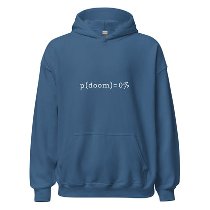 Product mockup photo of the p(doom) = 0% Hoodie (unisex) Indigo Blue / M.