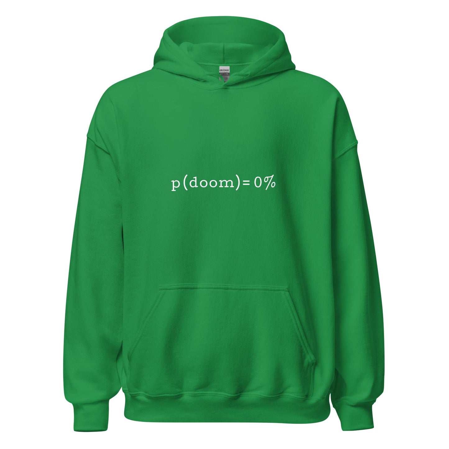 Product mockup photo of the p(doom) = 0% Hoodie (unisex) Irish Green / M.