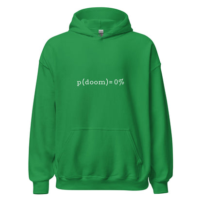 Product mockup photo of the p(doom) = 0% Hoodie (unisex) Irish Green / M.