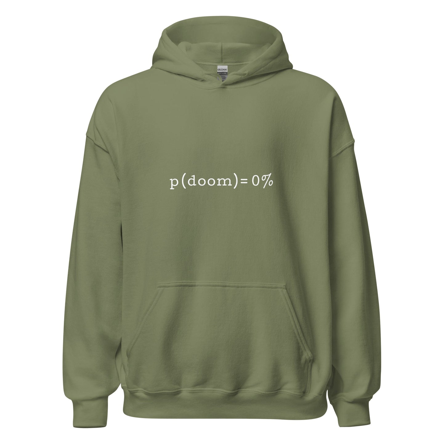Product mockup photo of the p(doom) = 0% Hoodie (unisex) Military Green / M.