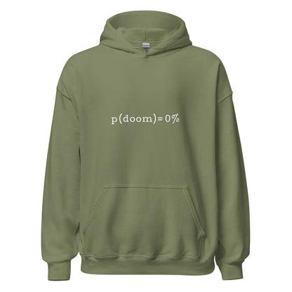 Product mockup photo of the p(doom) = 0% Hoodie (unisex) Military Green / M.
