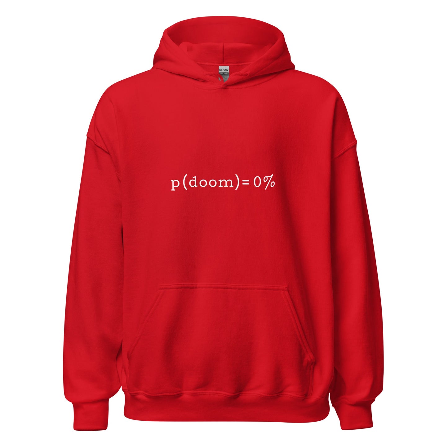Product mockup photo of the p(doom) = 0% Hoodie (unisex) Red / M.