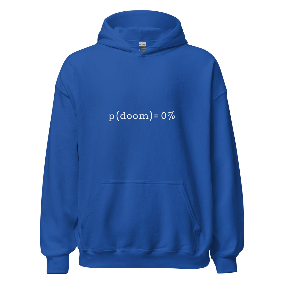 Product mockup photo of the p(doom) = 0% Hoodie (unisex) Royal / M.