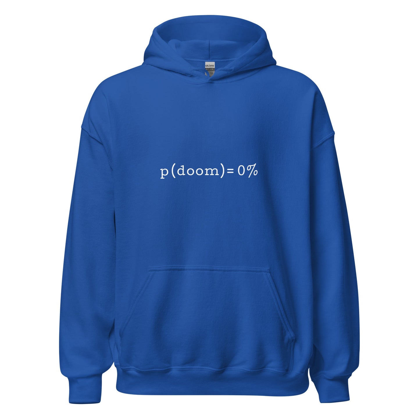 Product mockup photo of the p(doom) = 0% Hoodie (unisex) Royal / M.