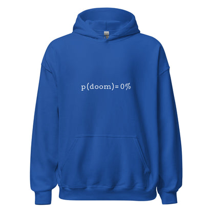 Product mockup photo of the p(doom) = 0% Hoodie (unisex) Royal / M.