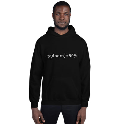 Product mockup photo of the p(doom) = 50% Hoodie (unisex).