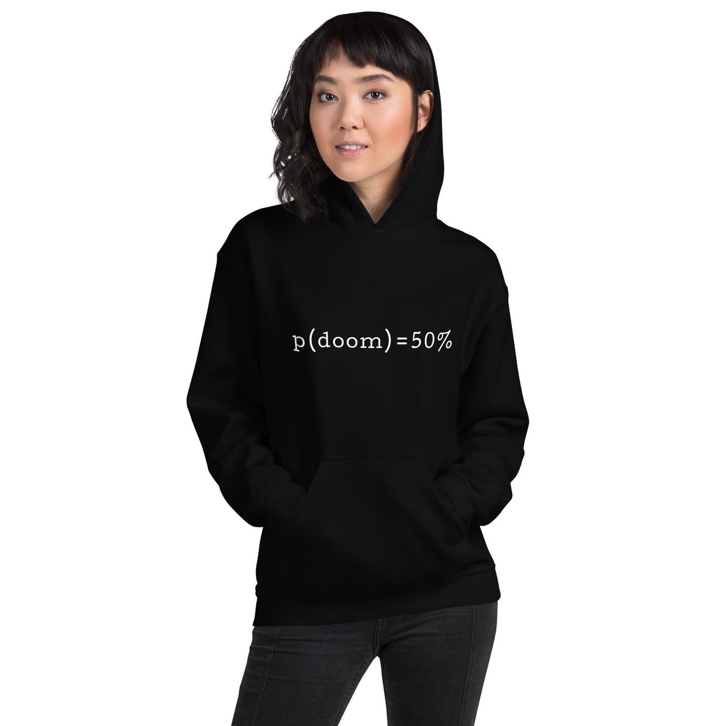 Product mockup photo of the p(doom) = 50% Hoodie (unisex).