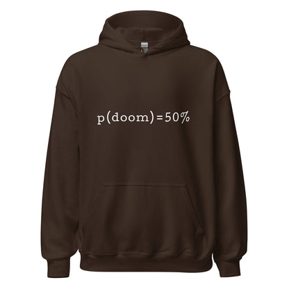 Product mockup photo of the p(doom) = 50% Hoodie (unisex) Dark Chocolate / M.