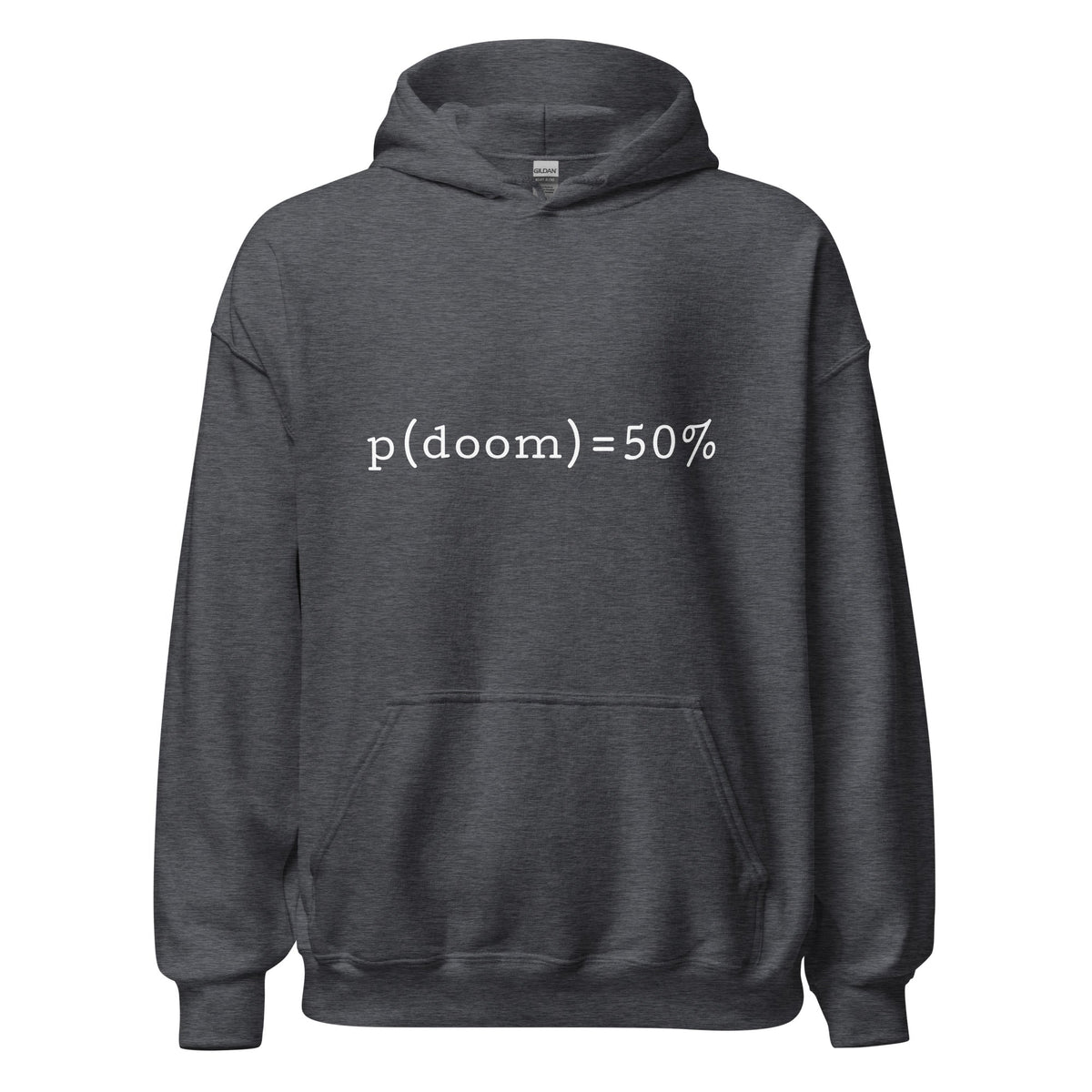 Product mockup photo of the p(doom) = 50% Hoodie (unisex) Dark Heather / M.