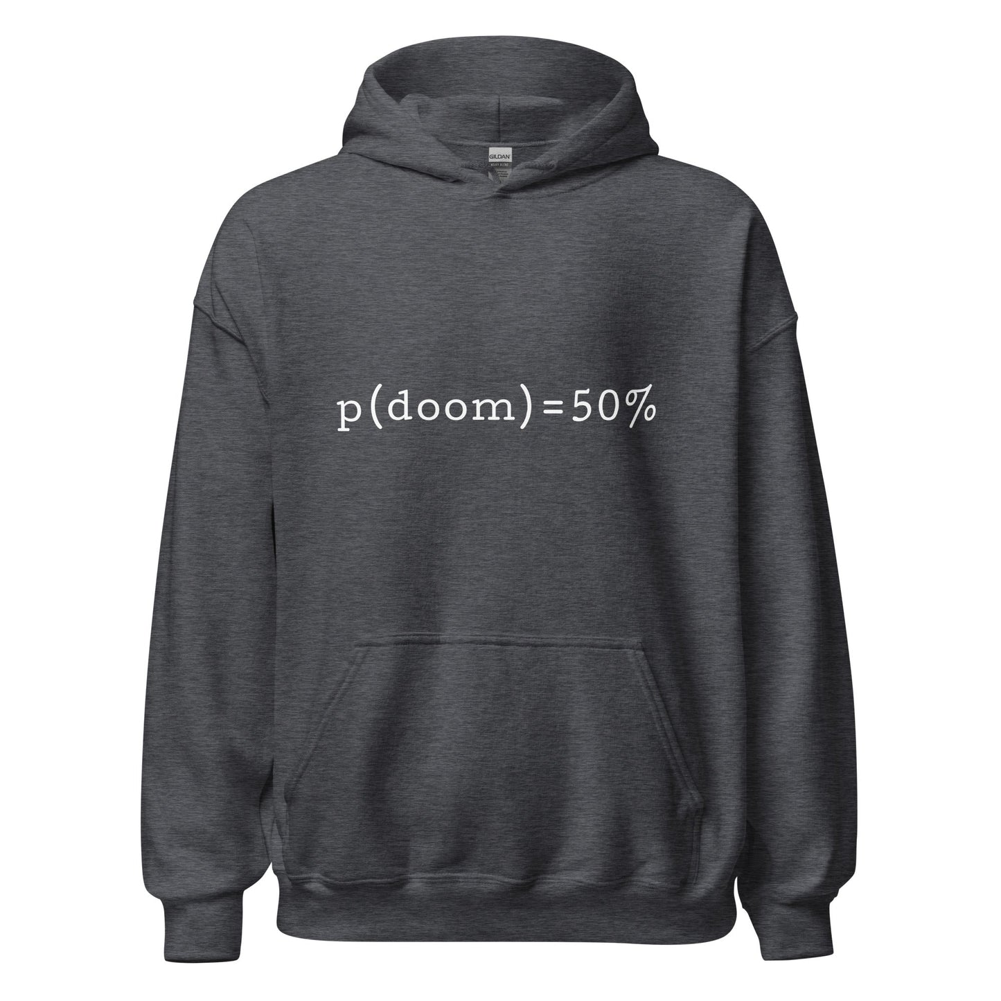 Product mockup photo of the p(doom) = 50% Hoodie (unisex) Dark Heather / M.
