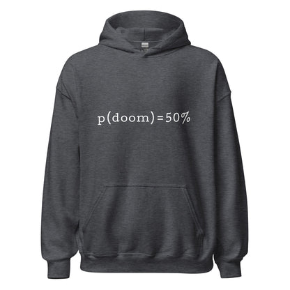 Product mockup photo of the p(doom) = 50% Hoodie (unisex) Dark Heather / M.