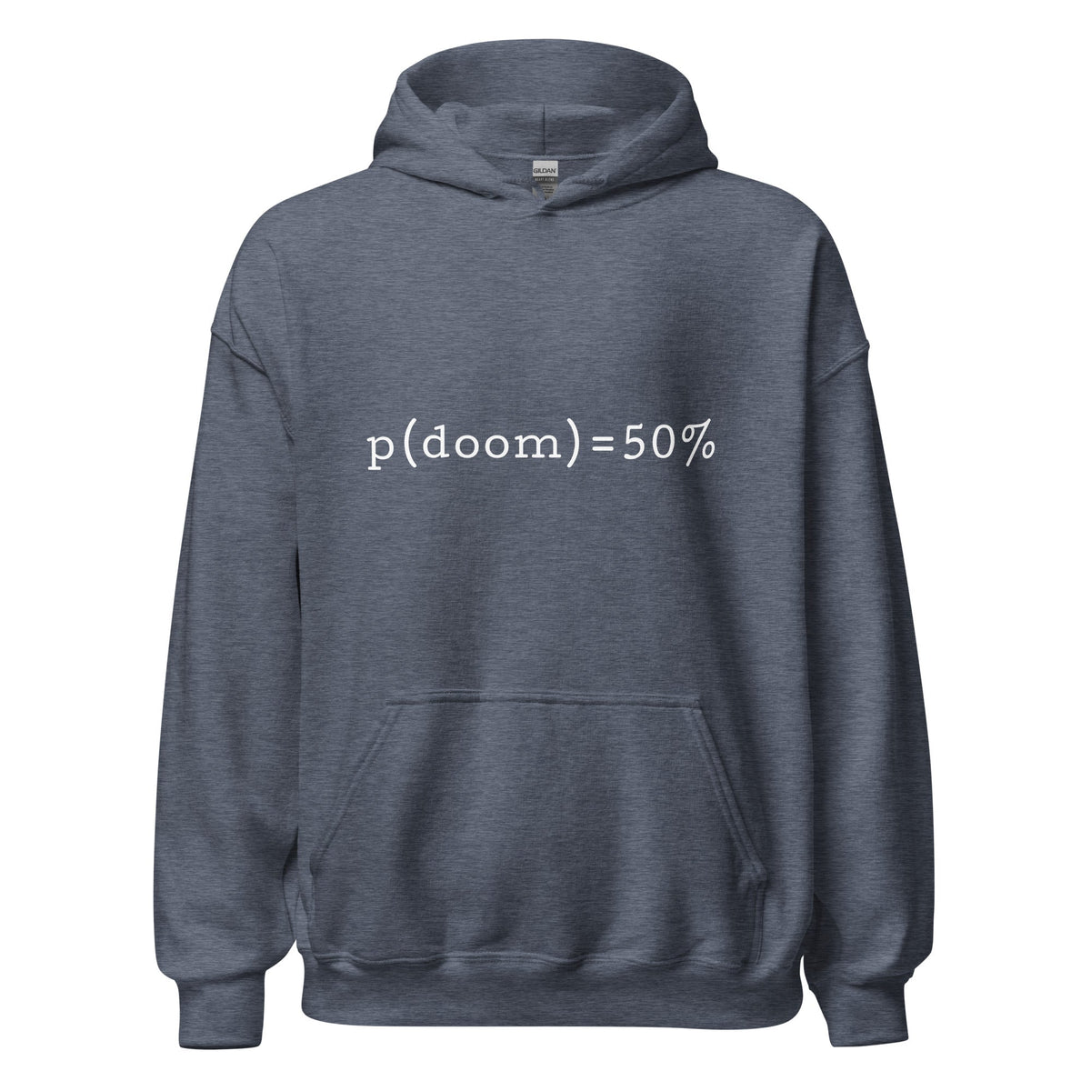 Product mockup photo of the p(doom) = 50% Hoodie (unisex) Heather Sport Dark Navy / M.