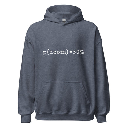 Product mockup photo of the p(doom) = 50% Hoodie (unisex) Heather Sport Dark Navy / M.