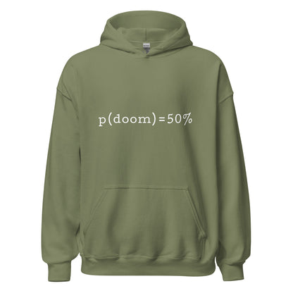 Product mockup photo of the p(doom) = 50% Hoodie (unisex) Military Green / M.