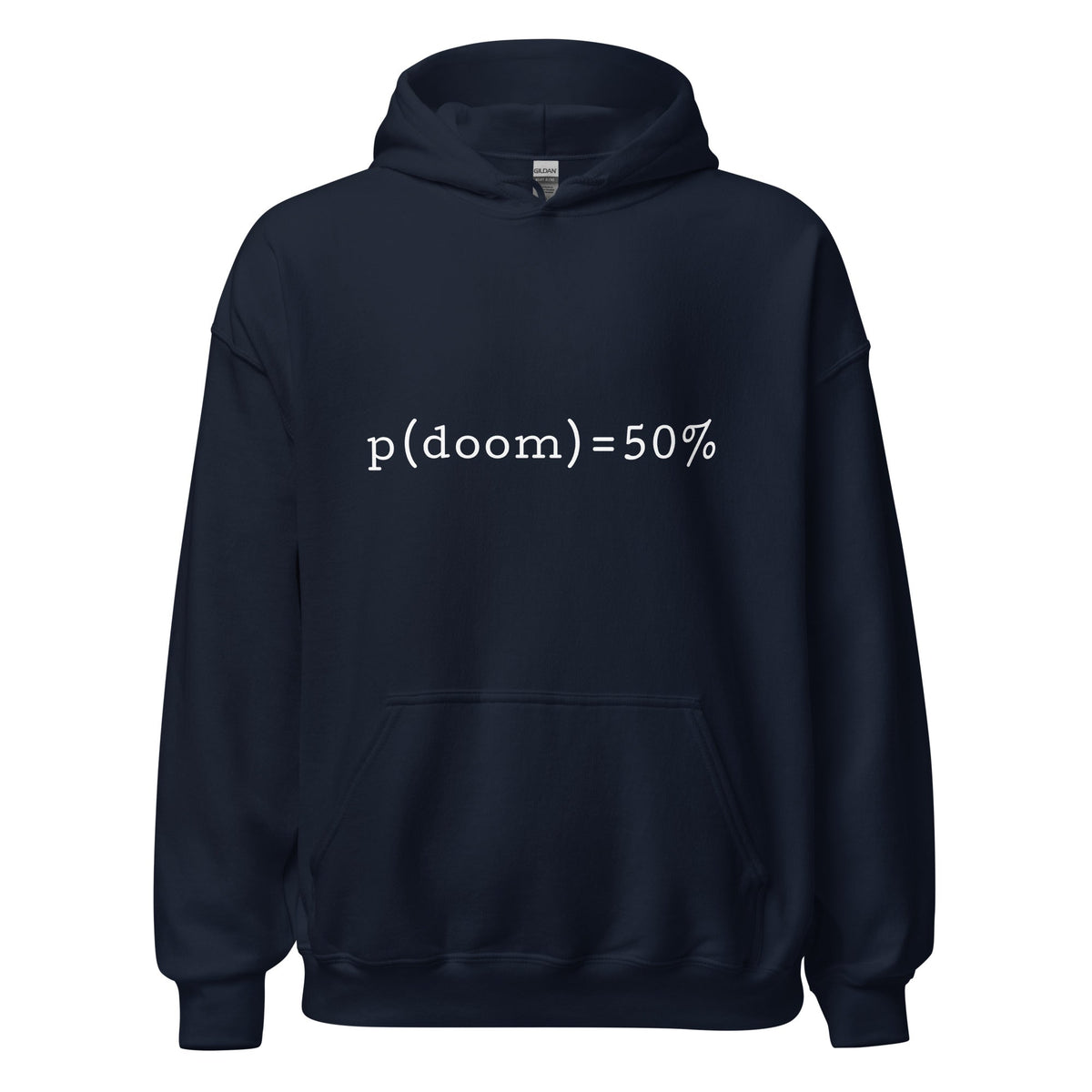 Product mockup photo of the p(doom) = 50% Hoodie (unisex) Navy / M.