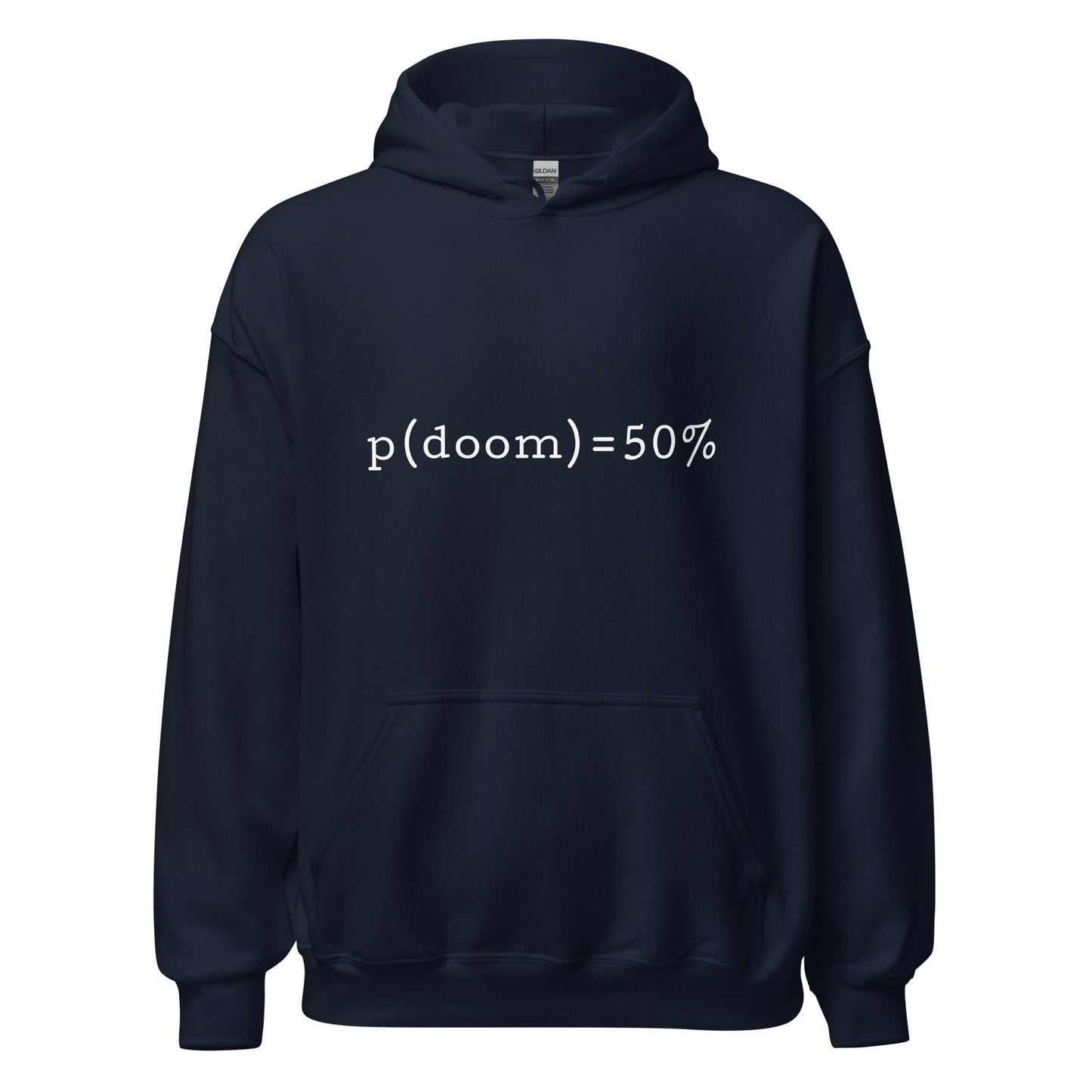Product mockup photo of the p(doom) = 50% Hoodie (unisex) Navy / M.