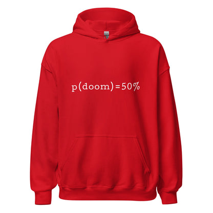 Product mockup photo of the p(doom) = 50% Hoodie (unisex) Red / M.