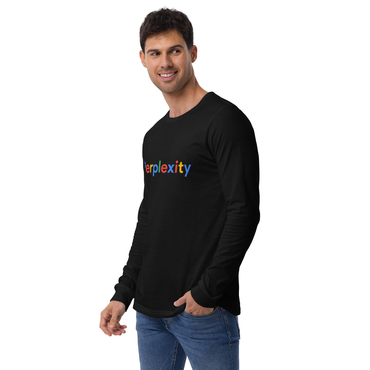 Product mockup photo of the Perplexity Search Logo Long Sleeve T Shirt (unisex).