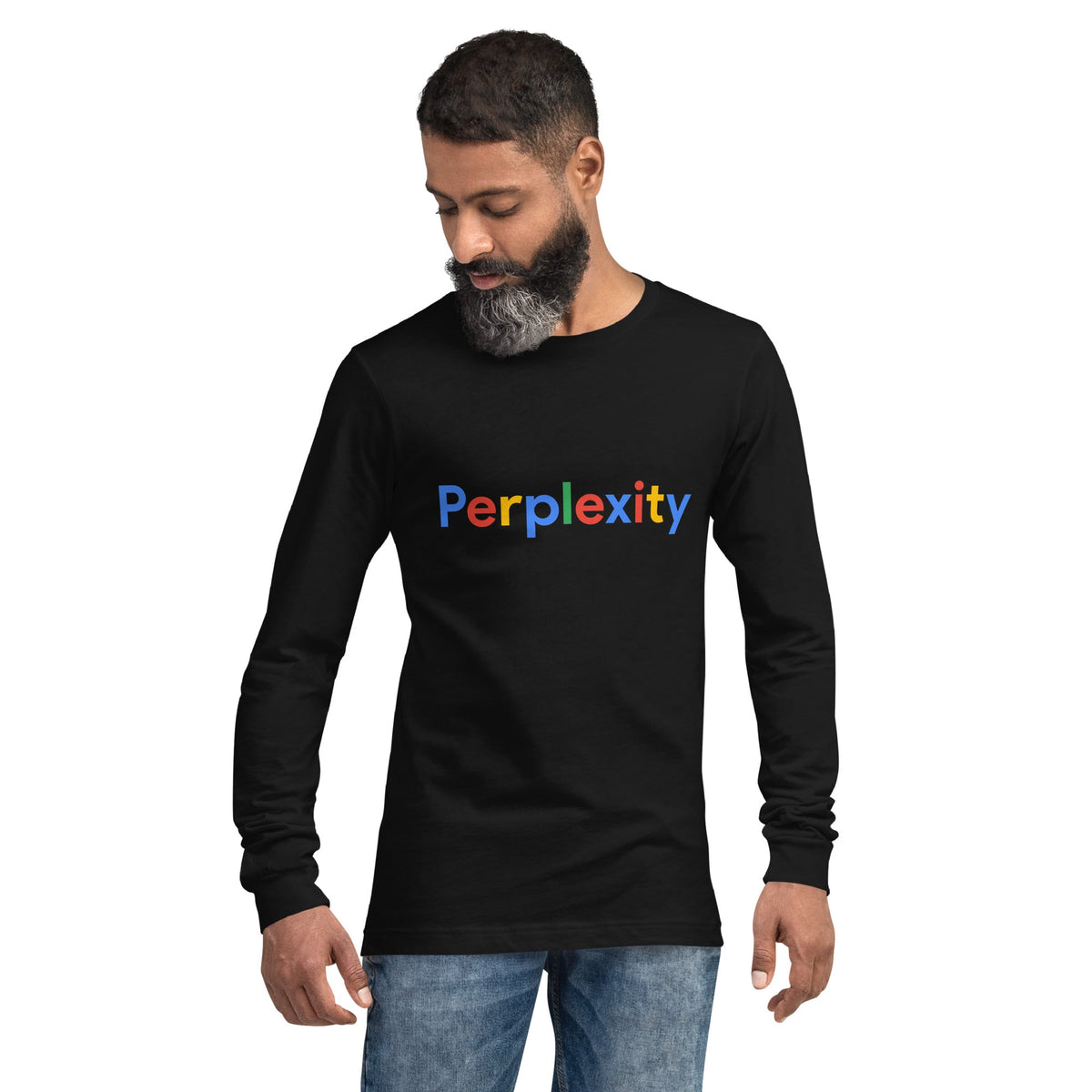 Product mockup photo of the Perplexity Search Logo Long Sleeve T Shirt (unisex).