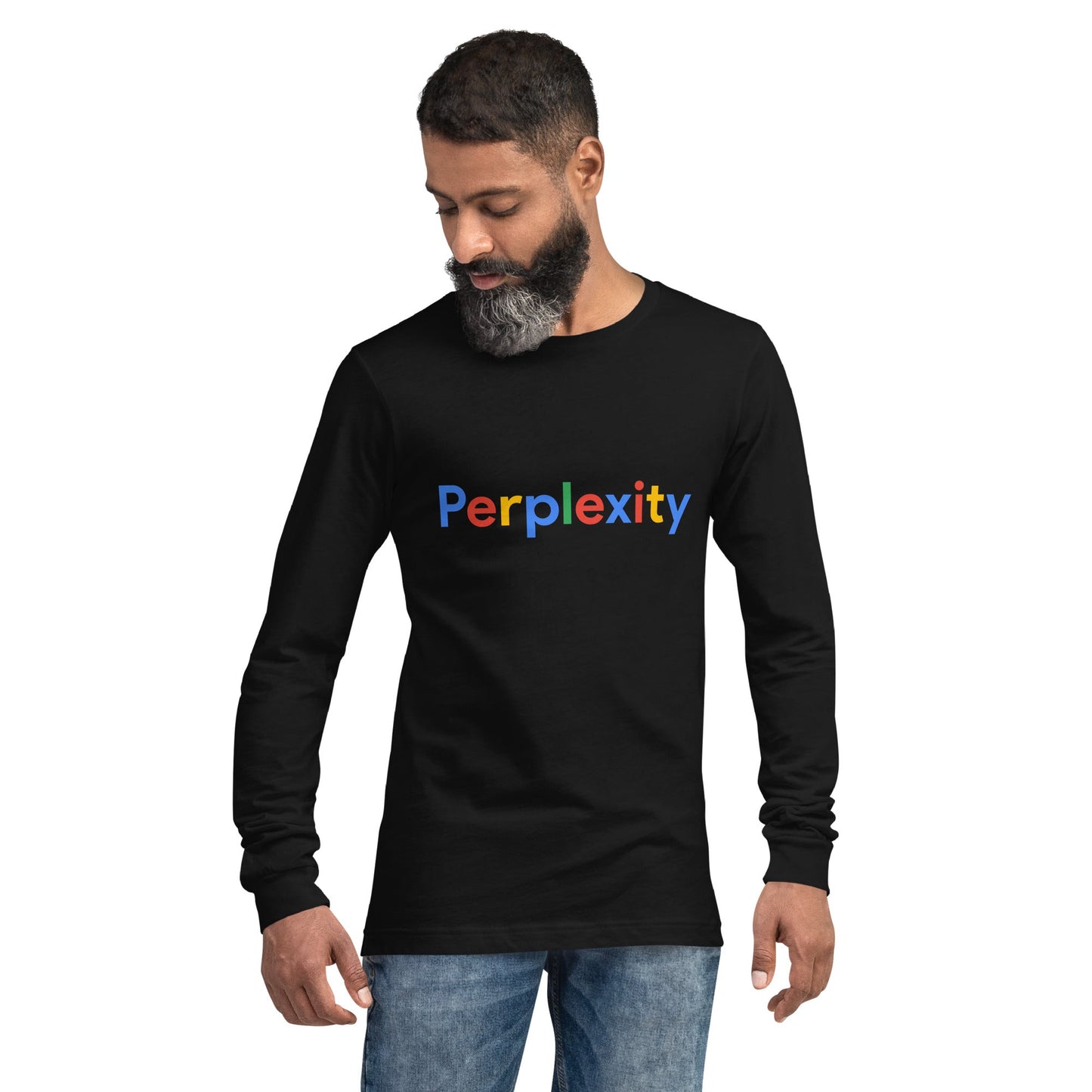 Product mockup photo of the Perplexity Search Logo Long Sleeve T Shirt (unisex).