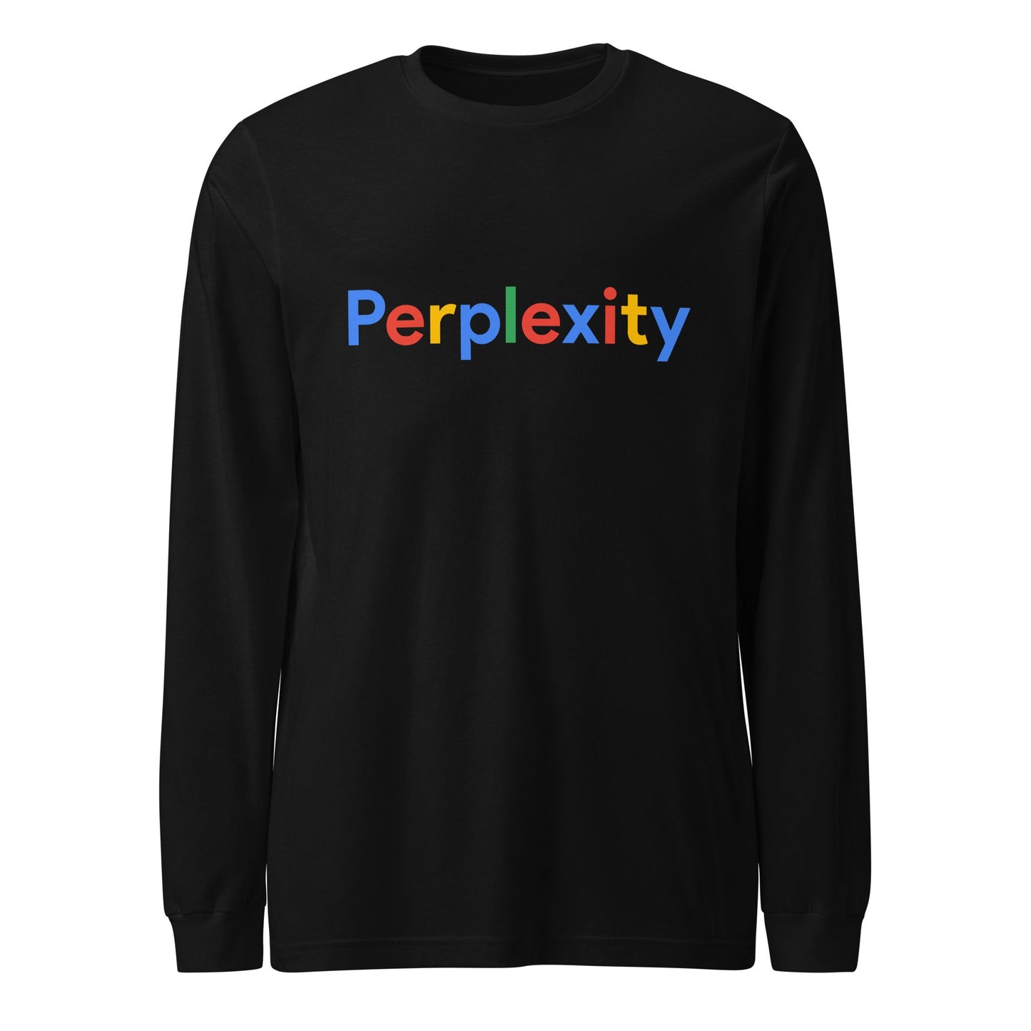 Product mockup photo of the Perplexity Search Logo Long Sleeve T Shirt (unisex) Black / M.