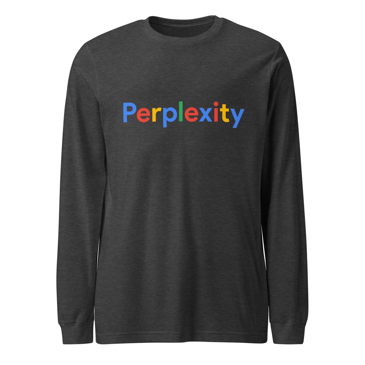 Product mockup photo of the Perplexity Search Logo Long Sleeve T Shirt (unisex) Dark Grey Heather / M.