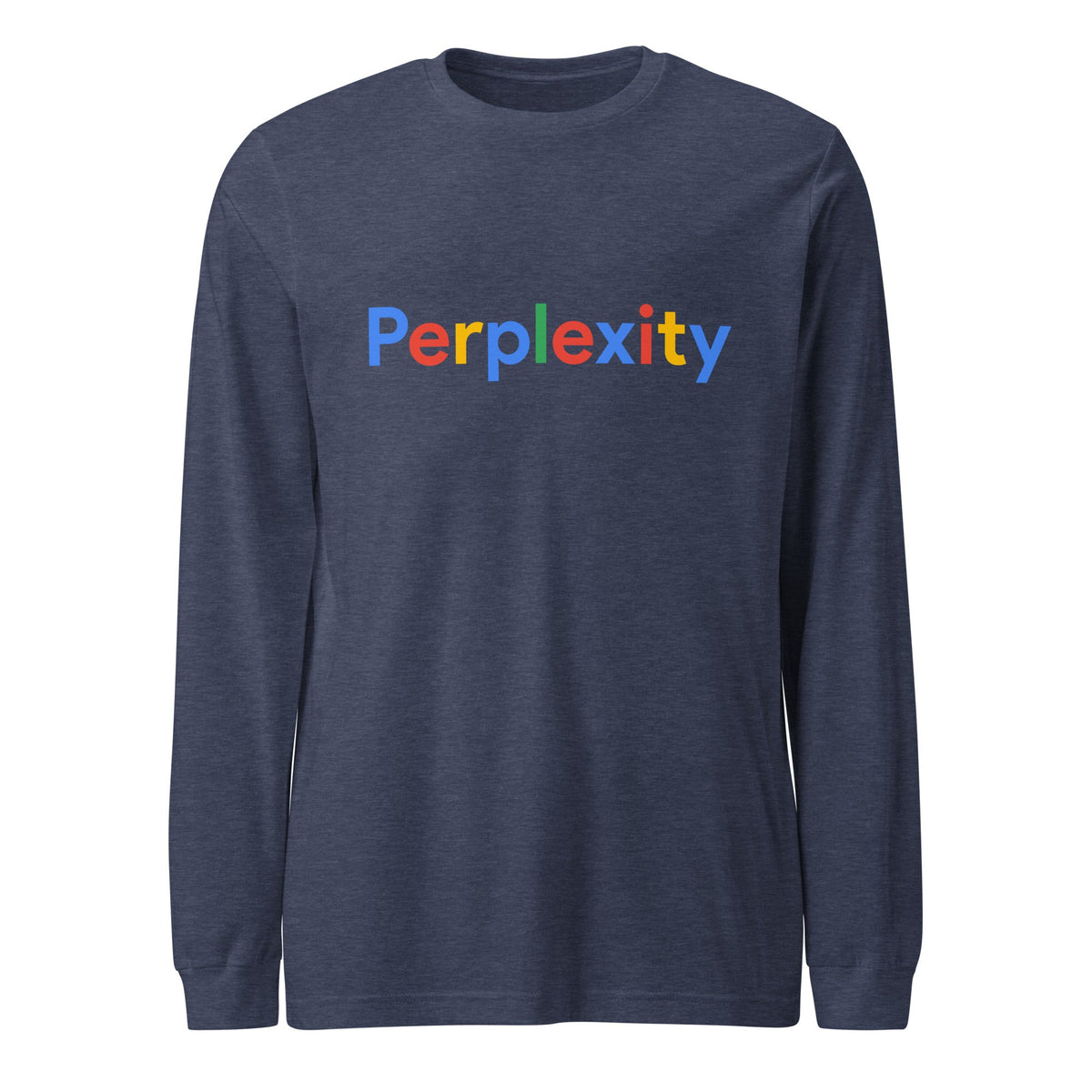 Product mockup photo of the Perplexity Search Logo Long Sleeve T Shirt (unisex) Heather Navy / M.