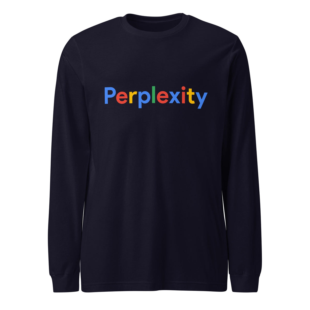 Product mockup photo of the Perplexity Search Logo Long Sleeve T Shirt (unisex) Navy / M.
