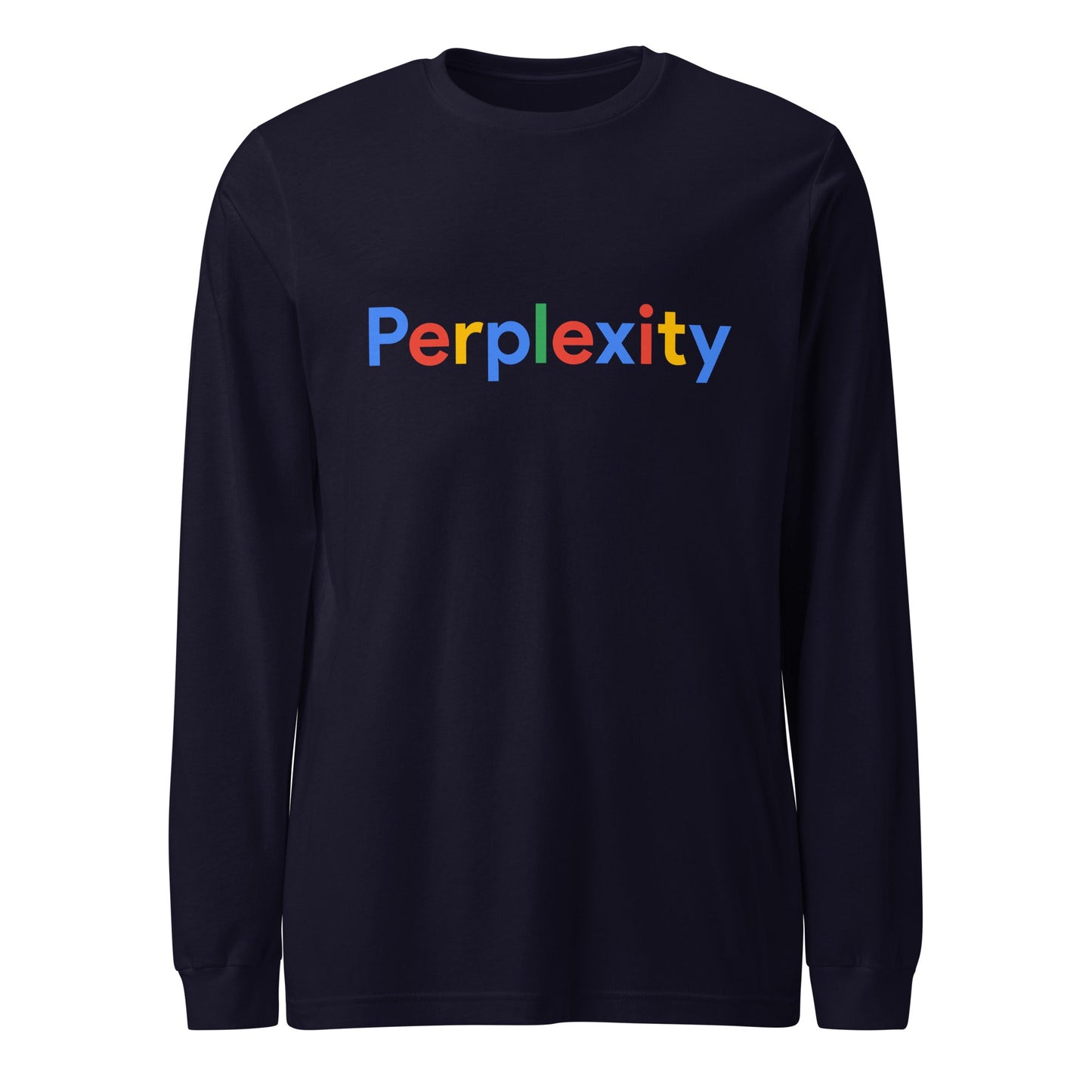 Product mockup photo of the Perplexity Search Logo Long Sleeve T Shirt (unisex) Navy / M.