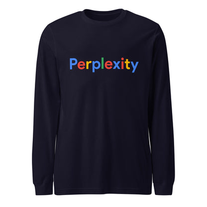 Product mockup photo of the Perplexity Search Logo Long Sleeve T Shirt (unisex) Navy / M.