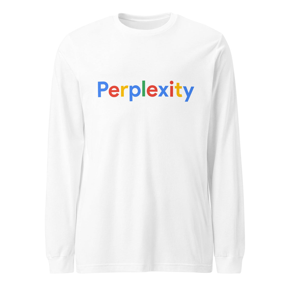 Product mockup photo of the Perplexity Search Logo Long Sleeve T Shirt (unisex) White / M.