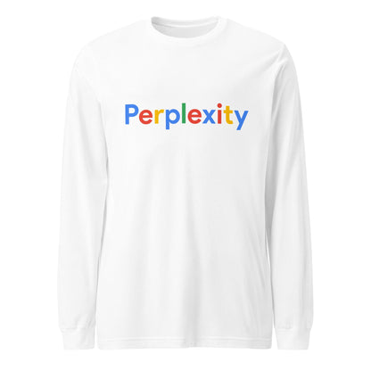 Product mockup photo of the Perplexity Search Logo Long Sleeve T Shirt (unisex) White / M.