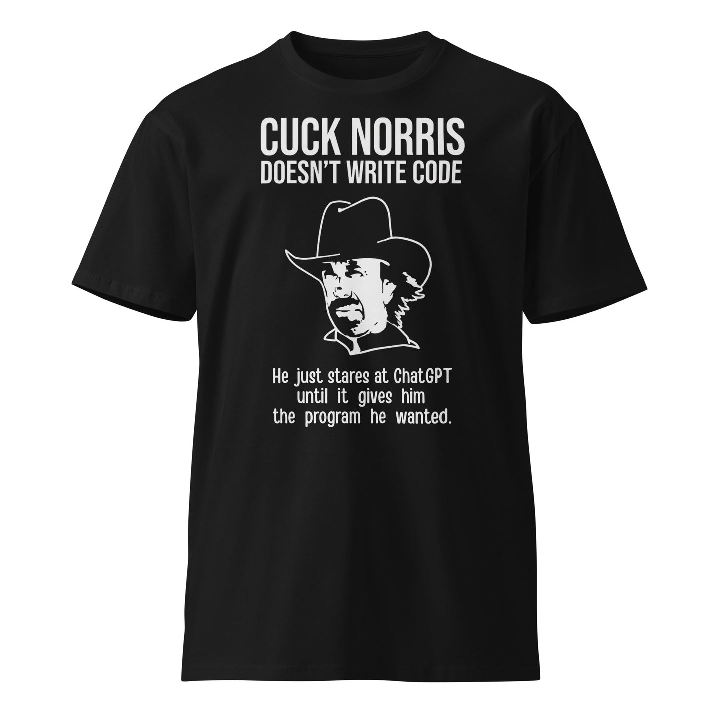 Mockup image of the Premium Chuck Norris Doesn’t Code T Shirt (unisex) Black / M.