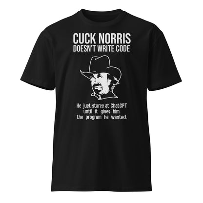 Mockup image of the Premium Chuck Norris Doesn’t Code T Shirt (unisex) Black / M.