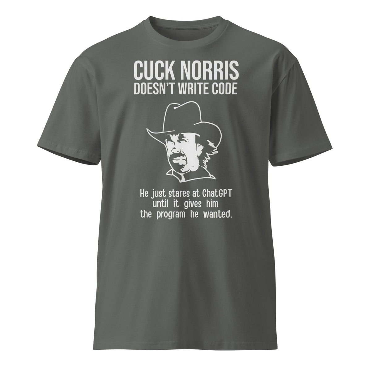 Mockup image of the Premium Chuck Norris Doesn’t Code T Shirt (unisex) Charcoal / M.