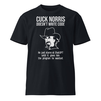 Mockup image of the Premium Chuck Norris Doesn’t Code T Shirt (unisex) Navy / M.