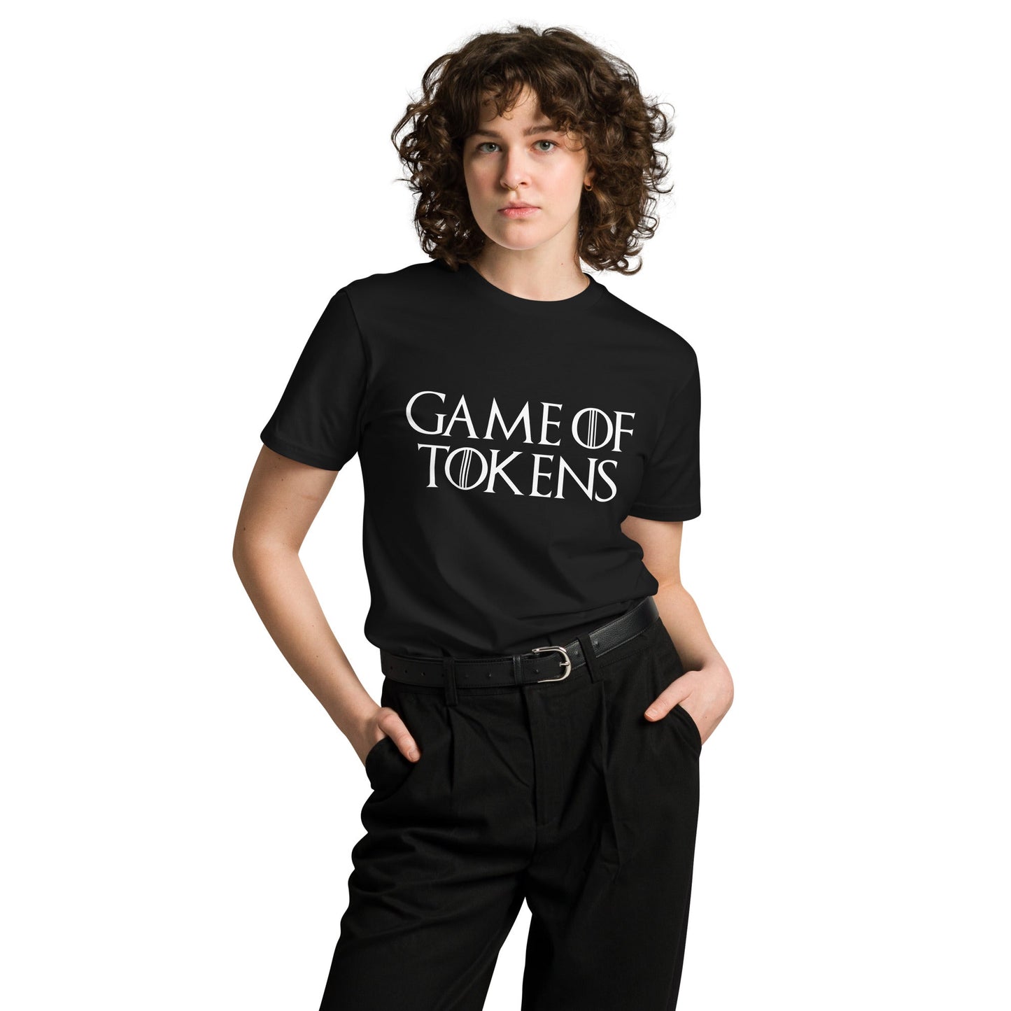 Product mockup photo of the Premium Game of Tokens T Shirt (unisex).