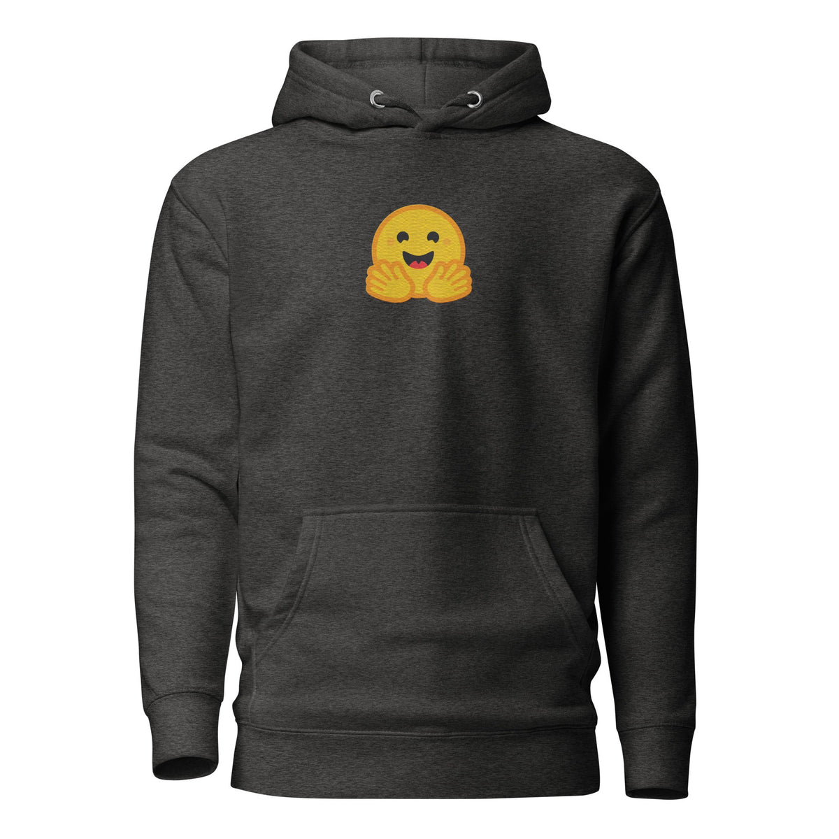 Image of the Premium Hugging Face Embroidered Hoodie (unisex) Charcoal Heather / M.
