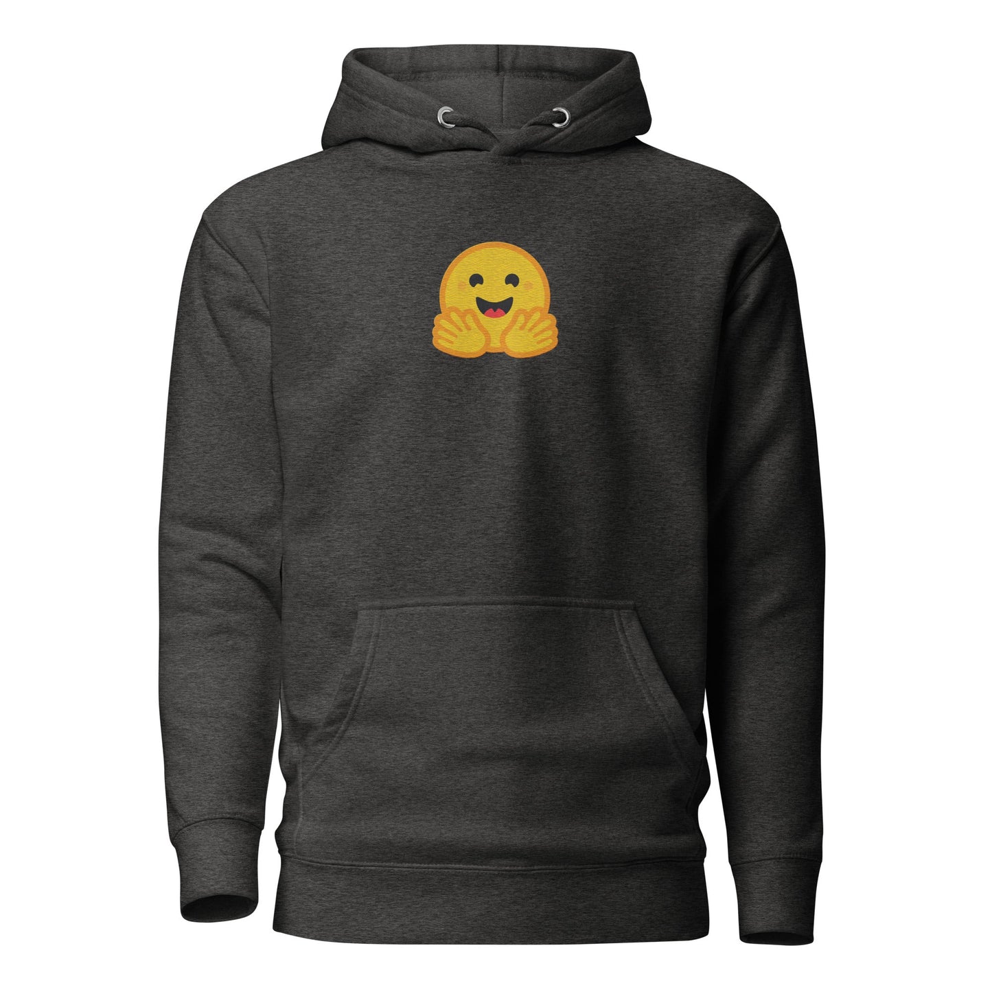 Image of the Premium Hugging Face Embroidered Hoodie (unisex) Charcoal Heather / M.