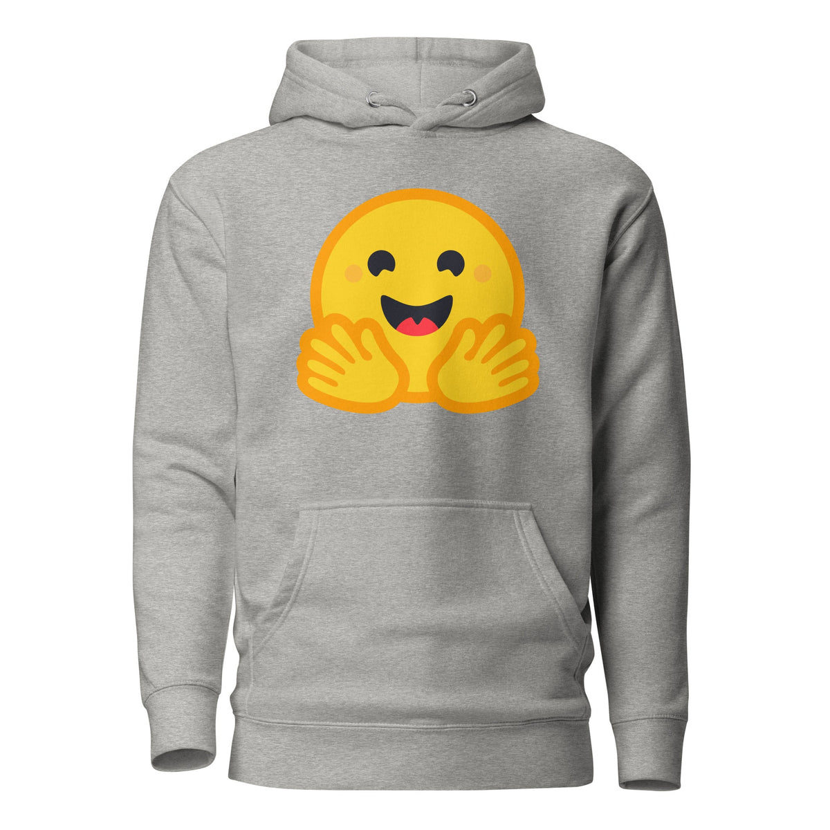 Product mockup photo of the Premium Hugging Face Hoodie (unisex) Carbon Grey / M.