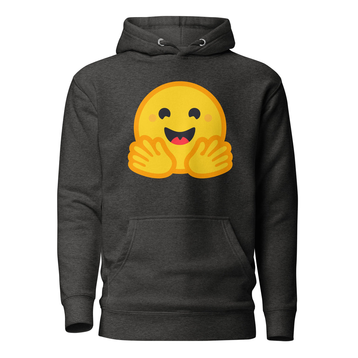 Product mockup photo of the Premium Hugging Face Hoodie (unisex) Charcoal Heather / M.