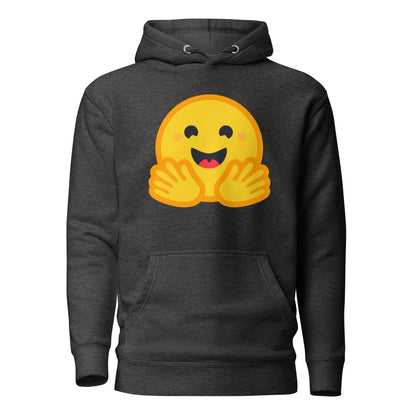 Product mockup photo of the Premium Hugging Face Hoodie (unisex) Charcoal Heather / M.