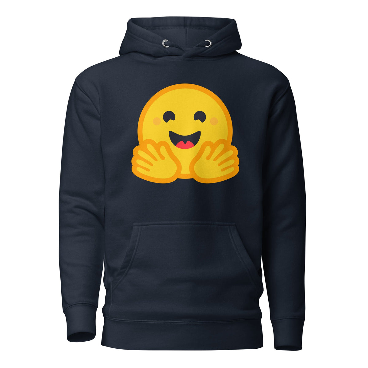 Product mockup photo of the Premium Hugging Face Hoodie (unisex) Navy Blazer / M.