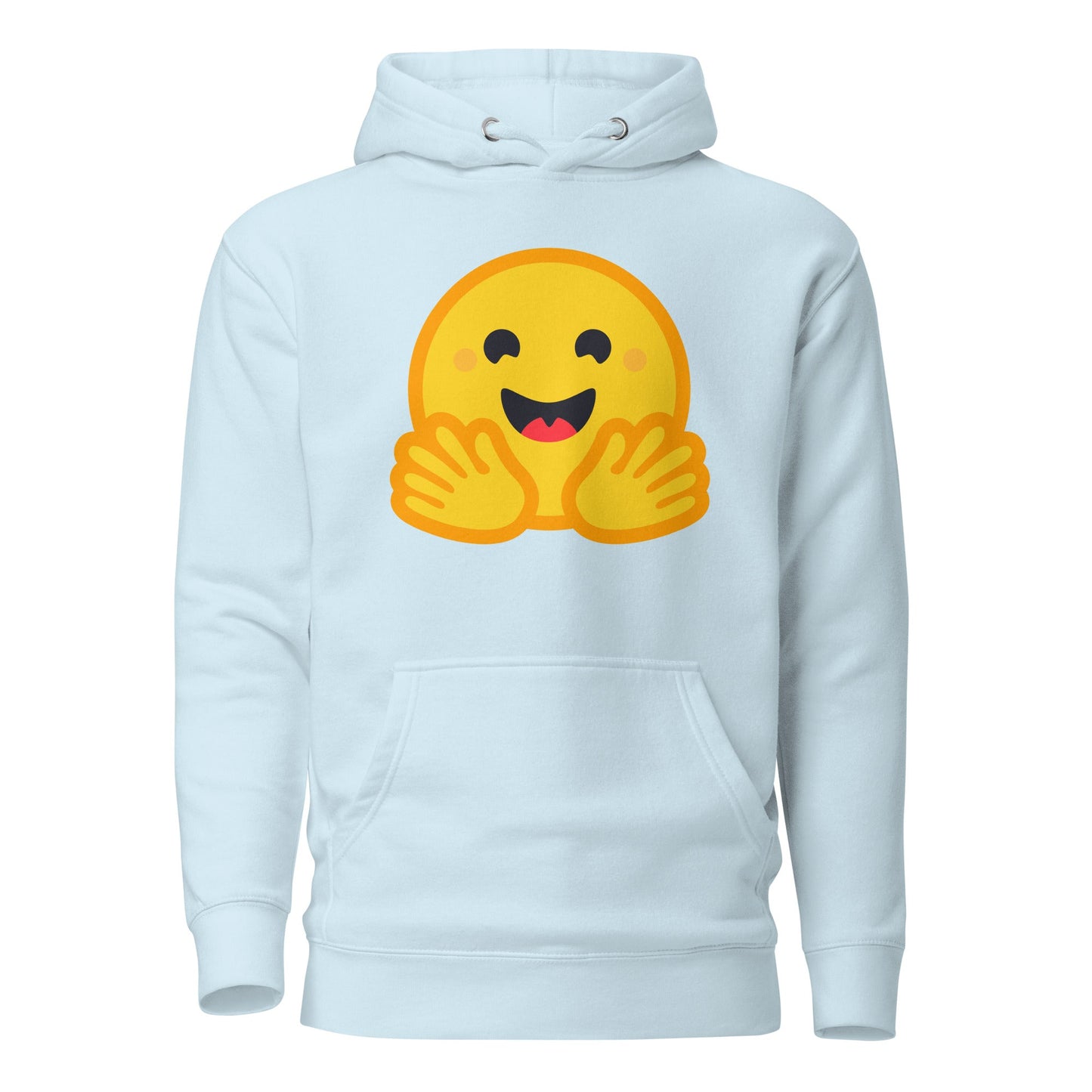 Product mockup photo of the Premium Hugging Face Hoodie (unisex) Sky Blue / M.