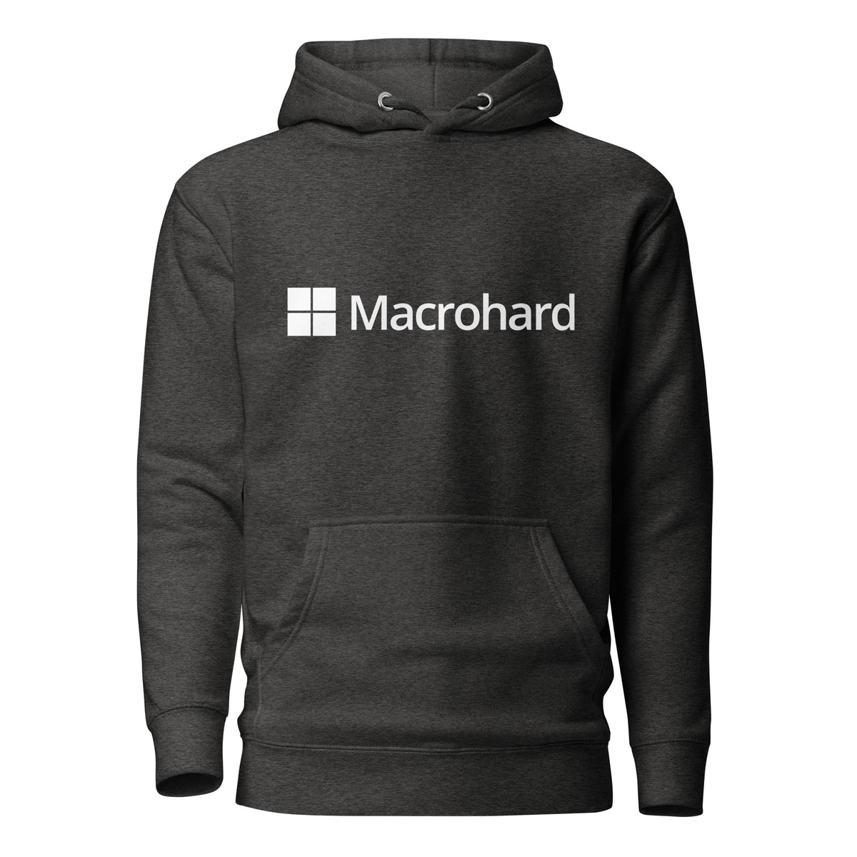 Product mockup photo of the Premium Macrohard Hoodie (unisex) Charcoal Heather / M.