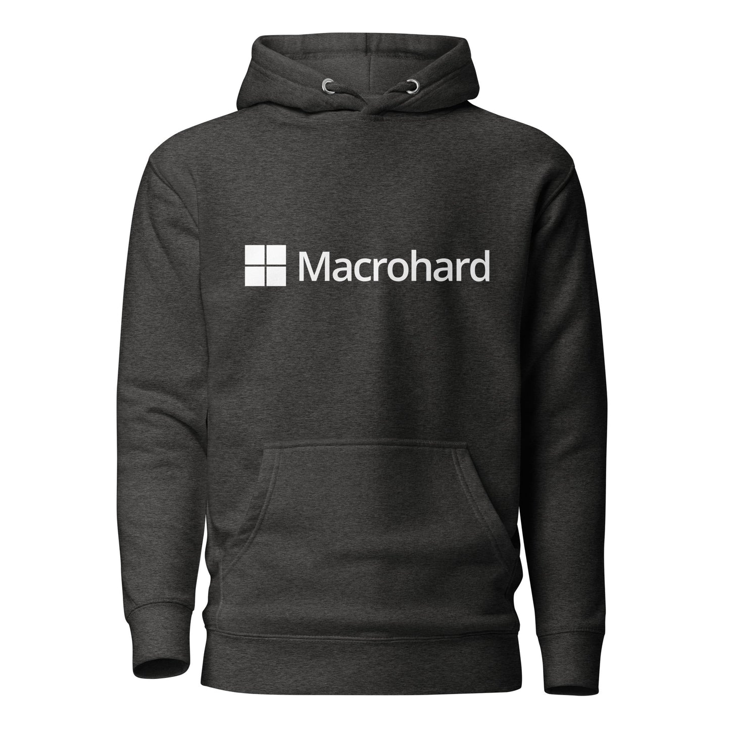 Product mockup photo of the Premium Macrohard Hoodie (unisex) Charcoal Heather / M.
