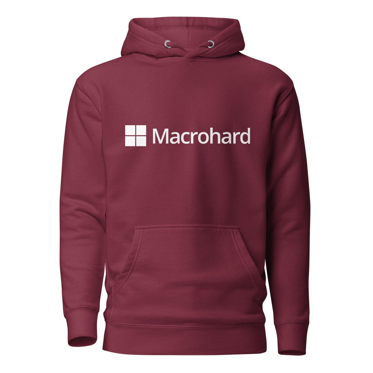 Product mockup photo of the Premium Macrohard Hoodie (unisex) Maroon / M.