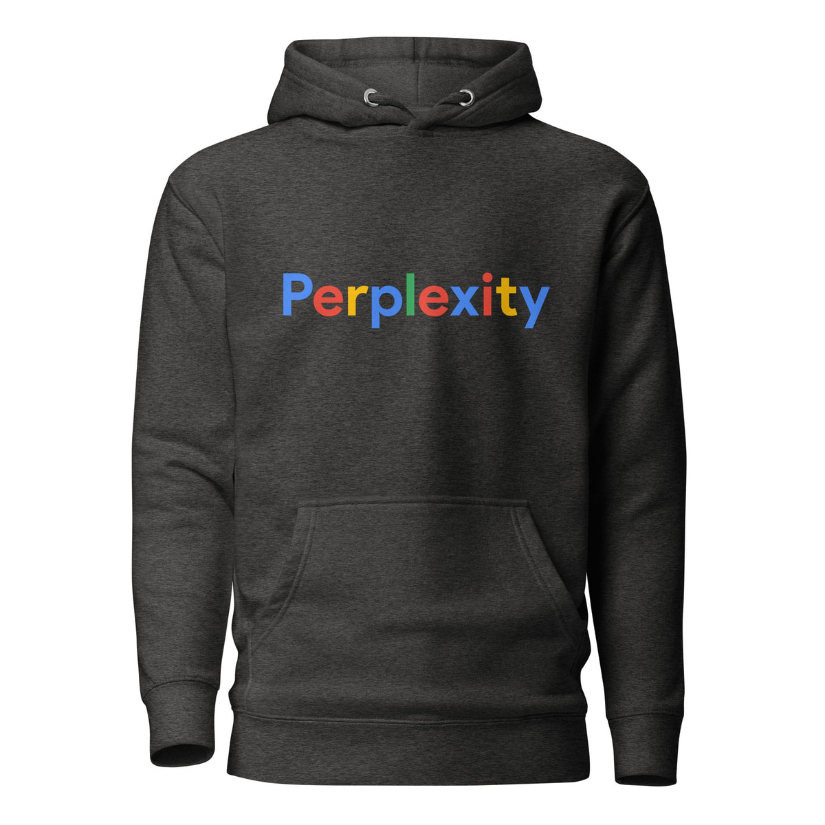 Product mockup photo of the Premium Perplexity Search Logo Hoodie (unisex) Charcoal Heather / M.